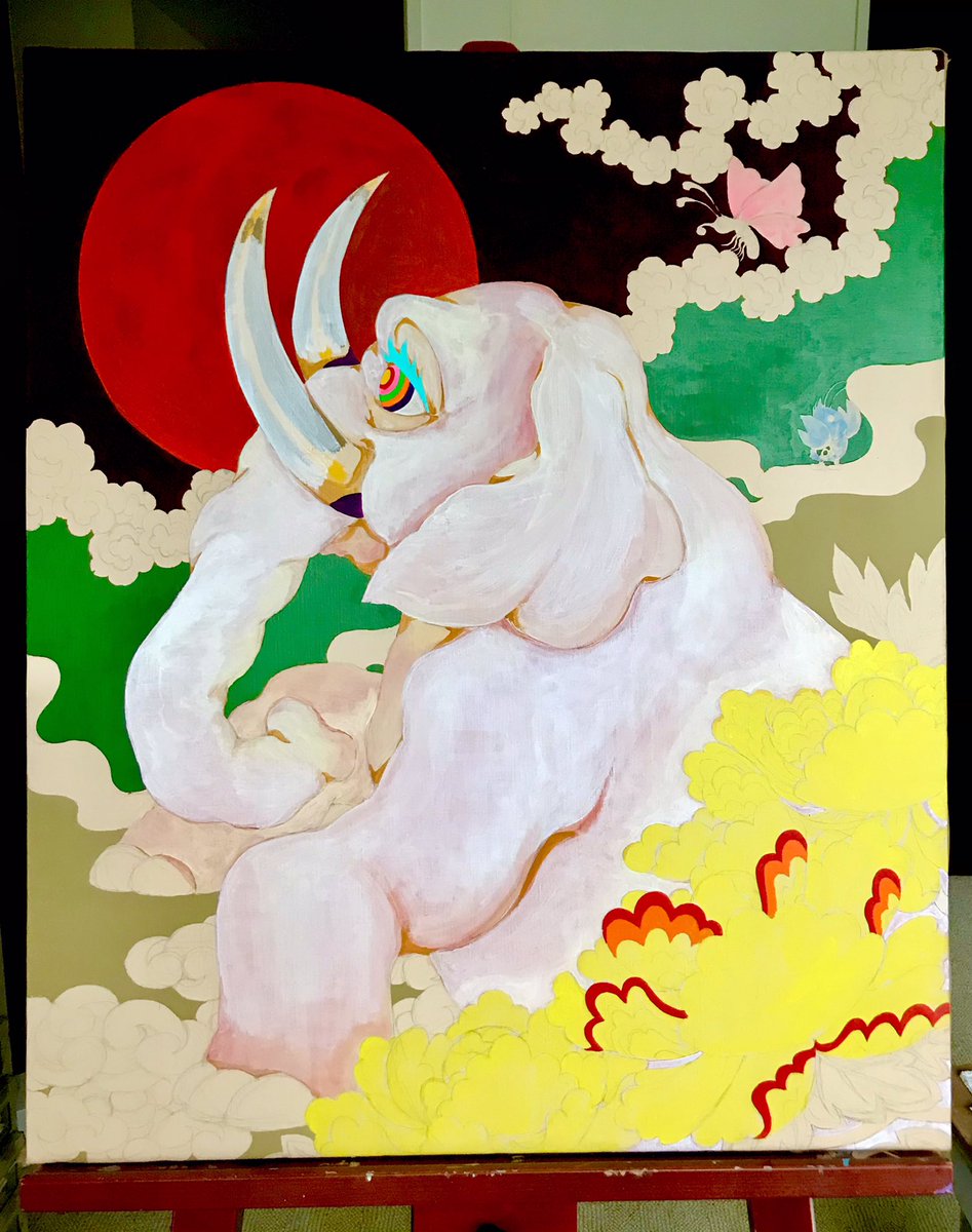 「6月に阪急うめだ本店で開催されるアート展に出品する、F20キャンバス【白象】。構」|柴田亜美staffのイラスト