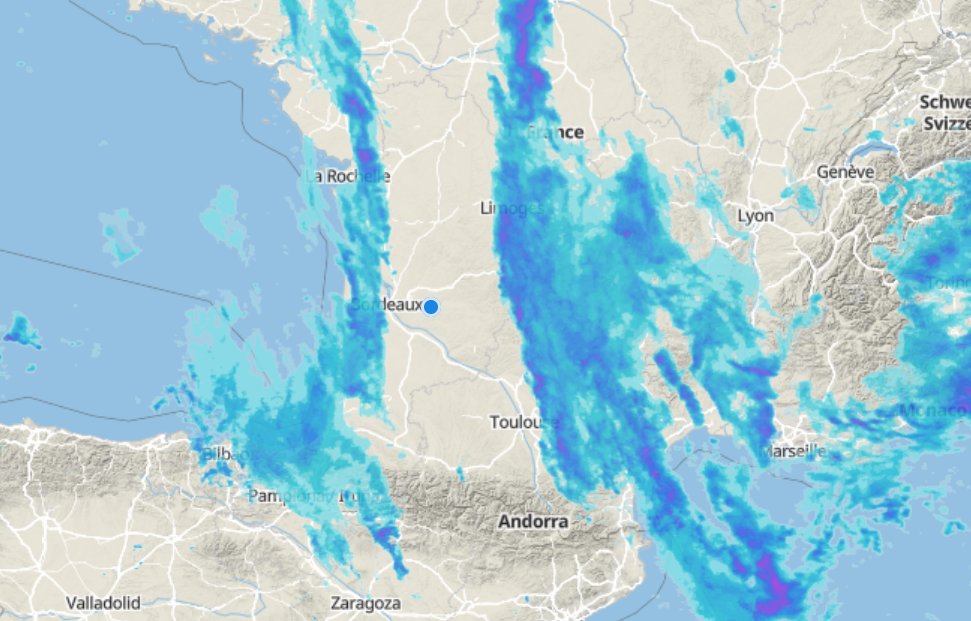 PascalNerbesson's tweet photo. Vous êtes ici 👇
Bon je sais pas comment on enregistre une animation, mais les 2 systèmes montent vers le nord, l'un vers l'est, l'autre vers l'ouest et devraient se retrouver sur le point bleu vers midi😅
#meteodemerde #marredelaflotte https://t.co/LgETVSAi9n