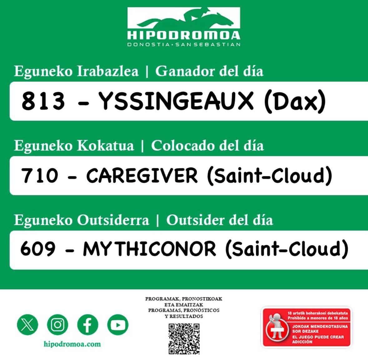 ℹ️ Pronósticos Hipodromoa del 01/05/2024: - 𝗚𝗮𝗻𝗮𝗱𝗼𝗿 del día: 813 - YSSINGEAUX (Dax) - 𝗖𝗼𝗹𝗼𝗰𝗮𝗱𝗼 del día: 710 - CAREGIVER (Saint-Cloud) - 𝗢𝘂𝘁𝘀𝗶𝗱𝗲𝗿 del día: 609 - MYTHICONOR (Saint-Cloud)