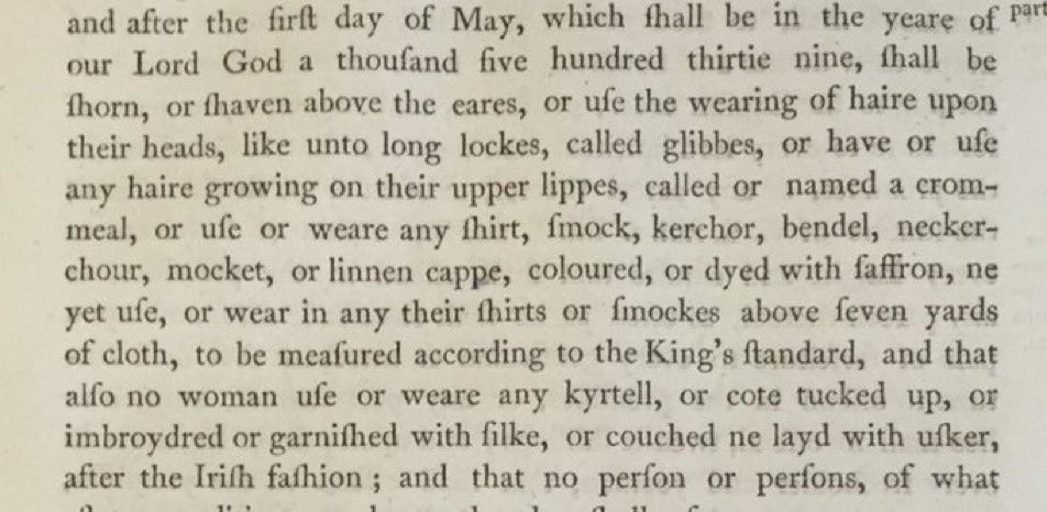 Always fun to talk with classes about clothes and haircuts, facial hair and all the rest, especially those glibbes, crommeals and saffron-dyed attire. The Act for English Order, Habit & Language stipulated all these styles & fashions should go by 1 May 1539. #otd