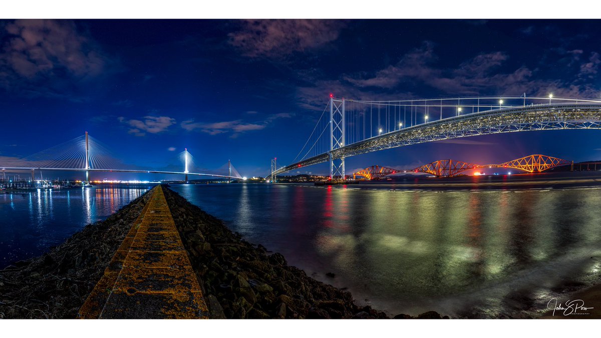 The three bridges across the River Forth at Queensferry in a single panorama shot.