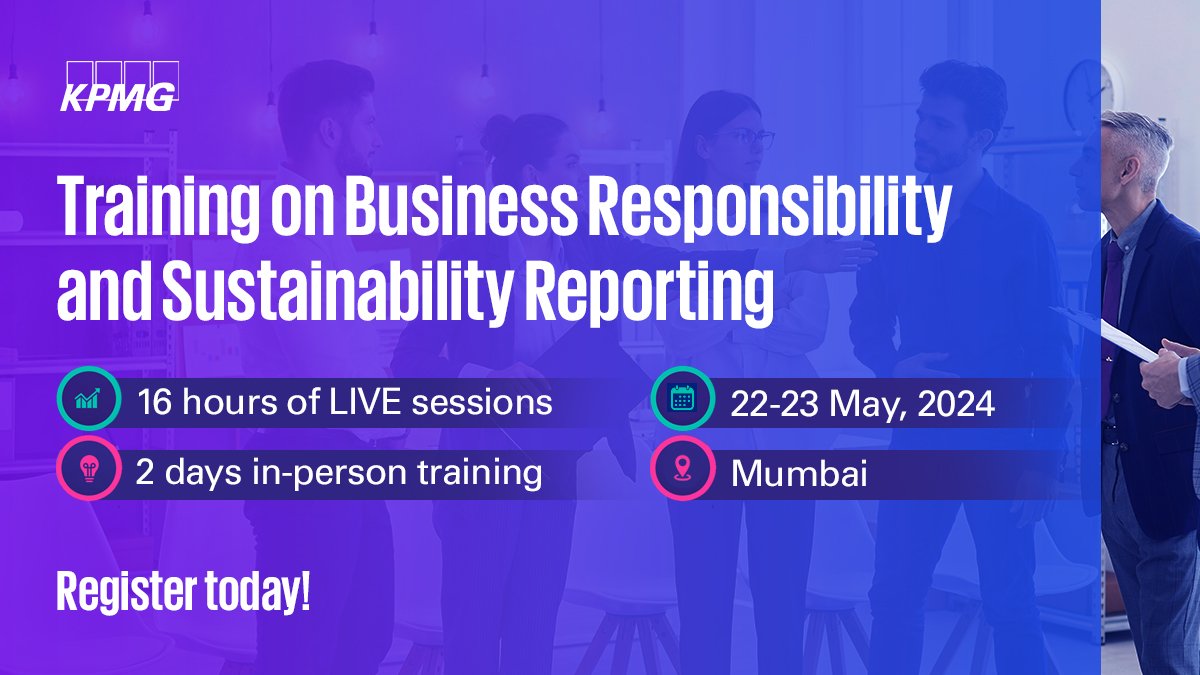 .@KPMGIndia's two-day, in-person training led by #ESG experts & #capitalmarkets specialists aims to provide attendees with best practices and approaches for developing effective #BRSR. For registration and more information, please contact us at 📧 in-fmbrsrtraining@kpmg.com