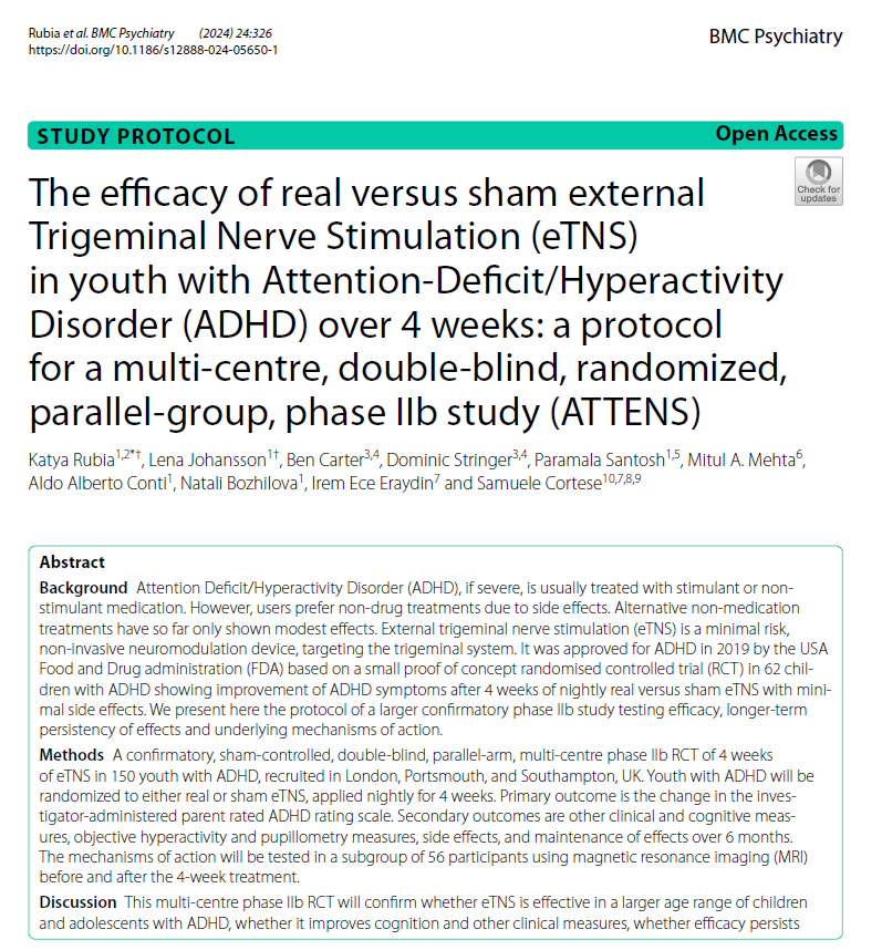 Samuele Cortese (@cortesesamuele) on Twitter photo Protocol of our trial on #trigeminal #nerve #stimulaiton for #ADHD, led by <a href="/KatyaRubia108/">Prof Katya Rubia</a>
Fantastic team of very committed colleagues- watch the space !
Still open for recruitment: more info at : sites.google.com/view/kcl-atten… Protocol of our trial on #trigeminal #nerve #stimulaiton for #ADHD, led by <a href="/KatyaRubia108/">Prof Katya Rubia</a>
Fantastic team of very committed colleagues- watch the space !
Still open for recruitment: more info at : sites.google.com/view/kcl-atten…