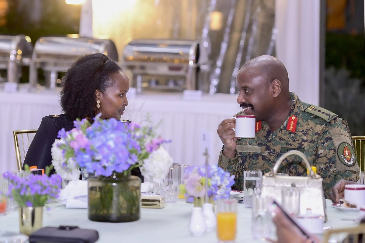 General Muhoozi Kainerugaba and his beautiful wife Charlotte Kainerugaba having a light conversation at his birthday dinner that was was hosted in his honor by His excellency President Museveni and his wife First Lady, Janet Museveni.