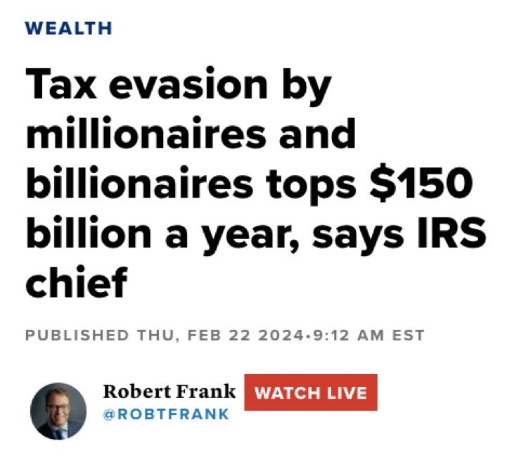 Tax evasion by millionaires and billionaires tops $150 BILLION a year. 
#TaxTheRich
