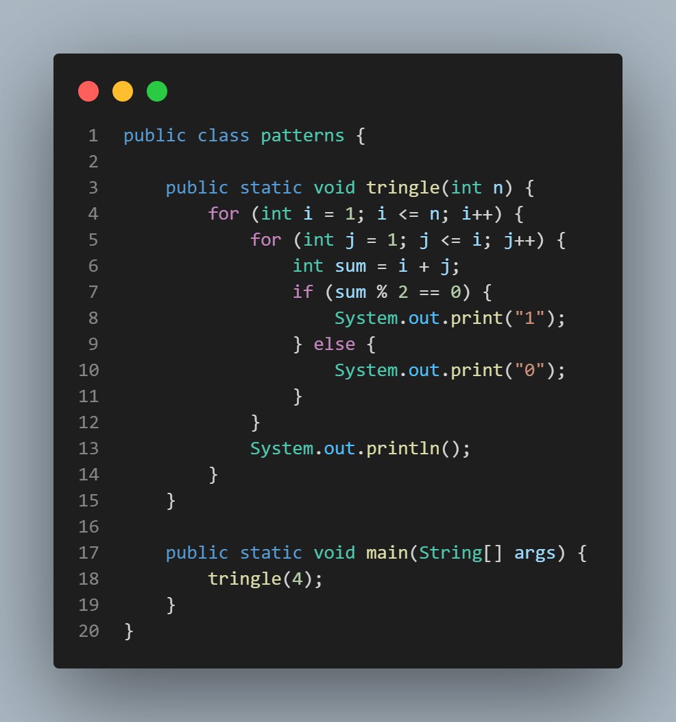 krishcasm's tweet image. #Java - "Successfully tackled some Java loop patterns today! Feeling accomplished and ready for more challenges ---- Practice pattern question 📷 Hollow rectangle Tringle 0-1 butterfly pattern #java #javaPatterns