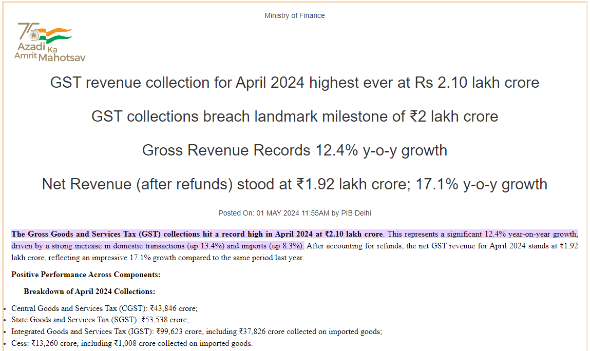 amil_sharma28's tweet image. #GST revenue collection for April 2024 highest ever at ₹2.10 lakh crore.

#GSTData #GSTRevenue #India #Asli400Paar #Covishield #Bibi #BombThreat #Mumbai