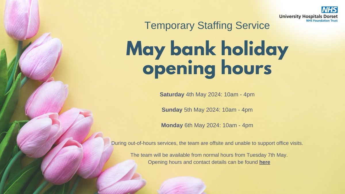 🌼🌱🏥 May Bank Holiday Opening Hours  📅🕰️

Please be aware of our out-of-hours service this upcoming May Bank Holiday:

📅 6th May - May Bank Holiday: 10 am-4 pm

#SpringSupport #OpeningHours #ProudToBeBank