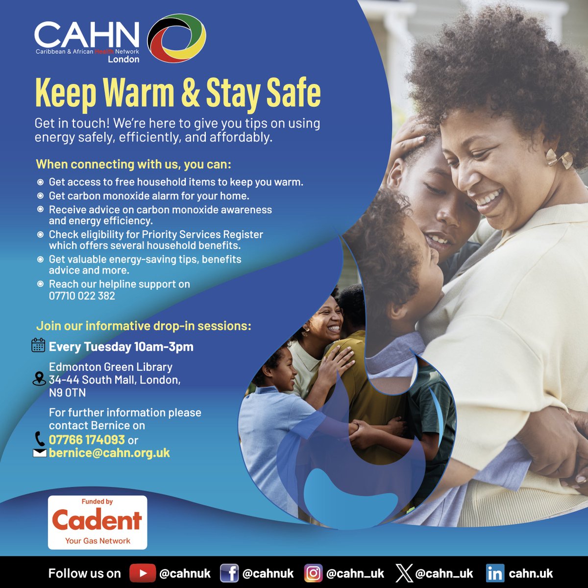 Resilient Informed Black Community! We are here to help. Access free household items, learn to recognise carbon monoxide signs, enjoy drop in-sessions and more. #Enfield Connect with Bernice at 07766174093 or bernice@cahn.org.uk. @CadentGasLtd #CAD24
