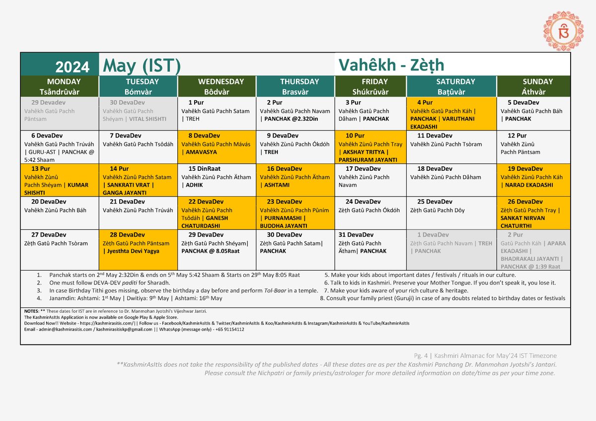 Kashmiri Calendar for the Month of May2024 Printable calendar can be downloaded from application and website.