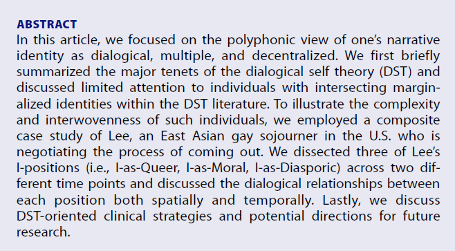 An excellent paper (Prof. Peitao Zhu @PeitaoZ) on the polyphonic narrative voices within an LGB-identifying international sojourner: a dialogical Self perspective @AlvearMfs @felixinchausti Also, very interesting to CAT colleagues @Assoc_CAT @ICATA7 tandfonline.com/doi/abs/10.108…