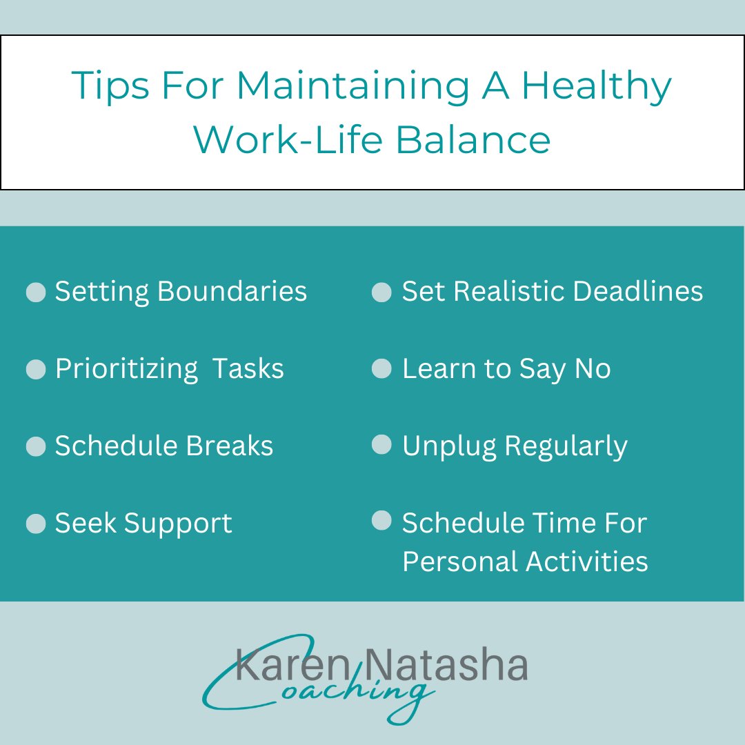 Maintaining a healthy work-life balance is essential for your mental health. In the spirit of Mental Health Awareness month here are a few tips on how you can ensure work-life balance!

#karenatashacoaching

#careercoach

#mentalhealthawareness

#mentalhealthmatters