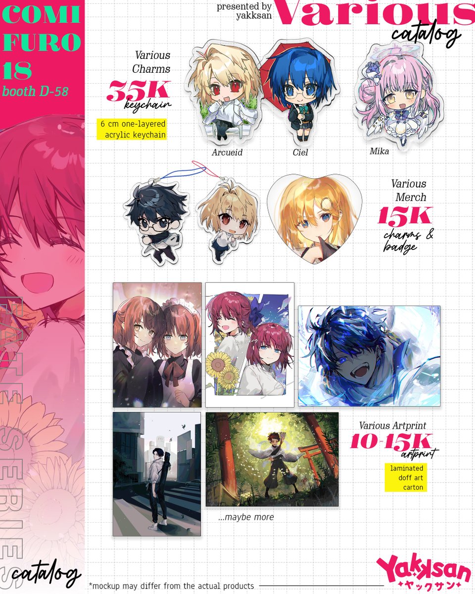 My catalog for CF18, shares are appreciated! (might add more stuffs if i can..)

Fandom: Fate Series (FSN, FGO, Fate Extra, etc), Niji ID, Tsukihime, Blue Archive, BoBoiBoy 
※OTS only, mail order after event
#comifuro18 #CF18