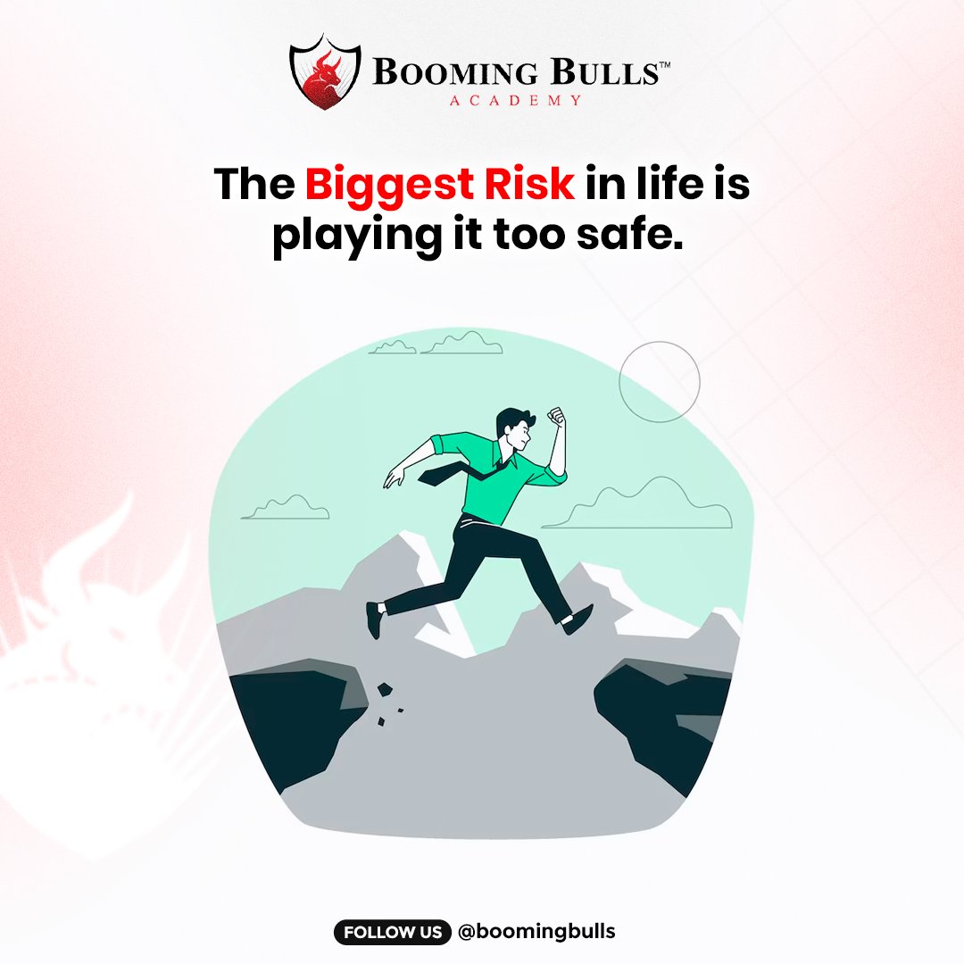 BoomingBulls's tweet photo. Are you taking enough risks in life? 🤔 Remember, playing it too safe can sometimes be the riskiest move of all. Embrace uncertainty, take calculated chances, and watch as new opportunities unfold

#boomingbulls #boomingbullsacademy #anishsinghthakur #quotesoftheday #QuoteTweets https://t.co/Elu8y2xIUe