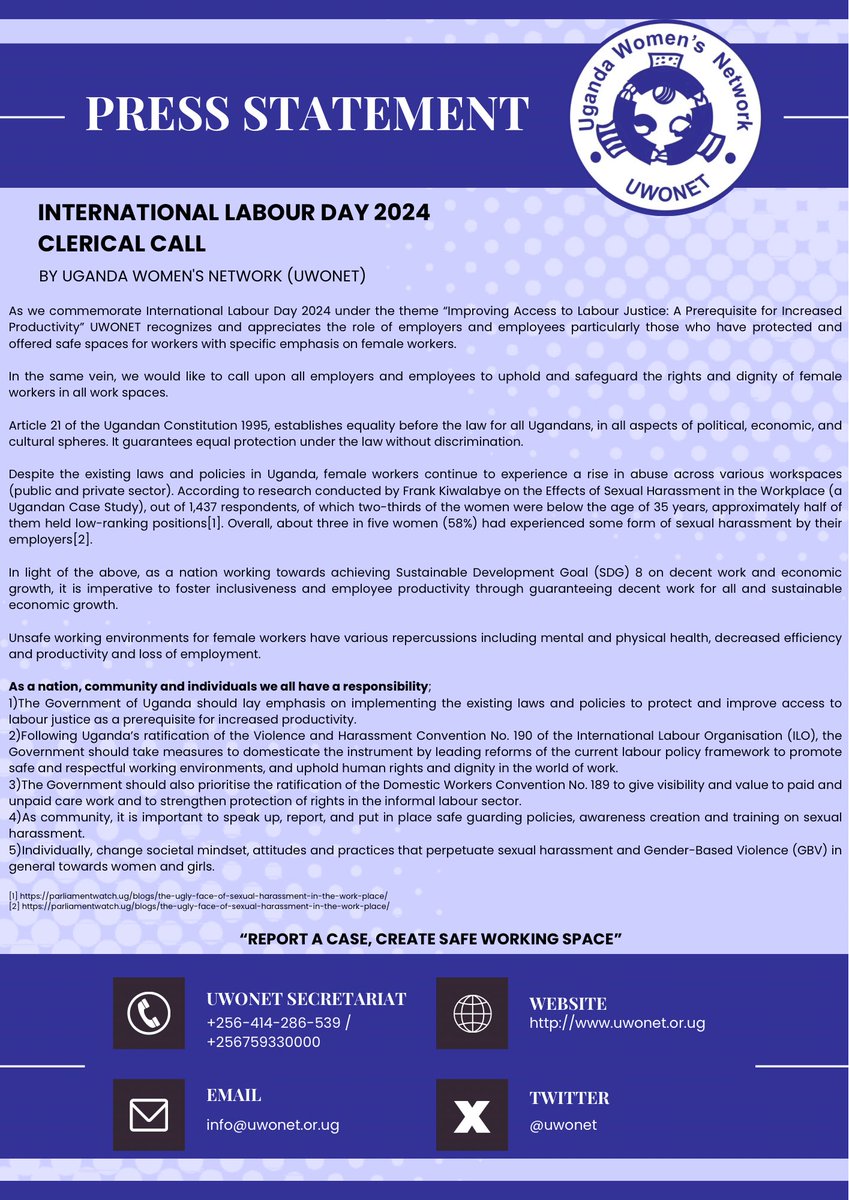 📢 Just in: Press Statement this International Labour Day 2024! 📰 Theme: Improving Access to Labour Justice: A Prerequisite for Increased Productivity @uwonet is addressing key issues and calls for action to safeguard workers' rights, particularly women. @Mglsd_UG @ntvuganda