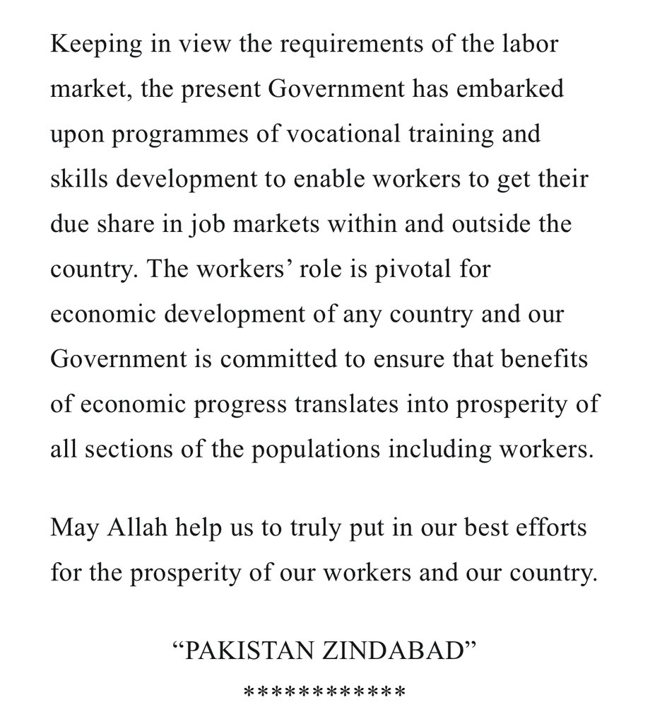 Message from the Prime Minister of Pakistan Imran Khan on the occasion of Labour Day, 1st May 2020: #LabourDay