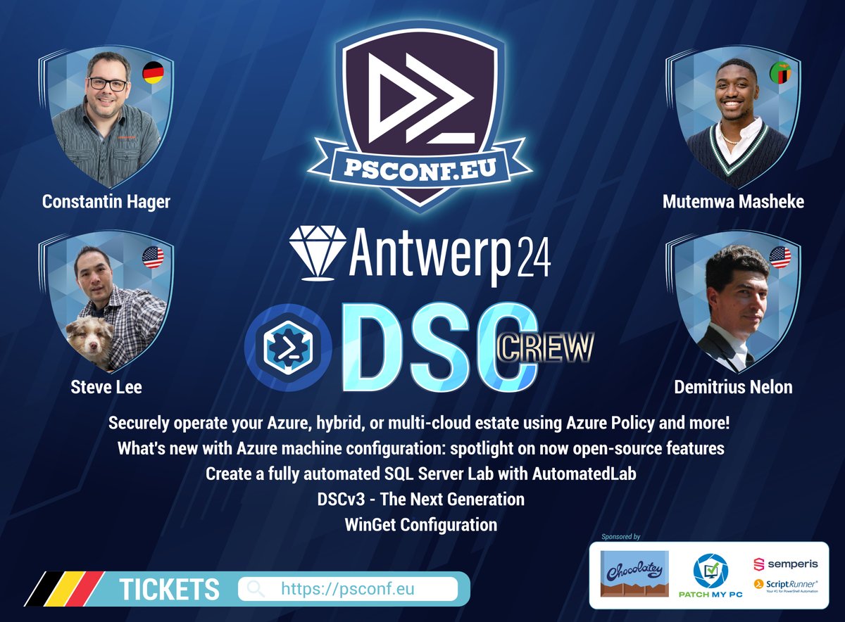 Join us at #PSConfEU 2024 in #Antwerp for comprehensive insights into Desired State Configuration (#DSC) with @chagerCOC @Steve_MSFT @AzureGovernance @DenelonMs. Learn from leading speakers as they discuss real-world applications and best practices
🎟️ psconf.eu 🚀