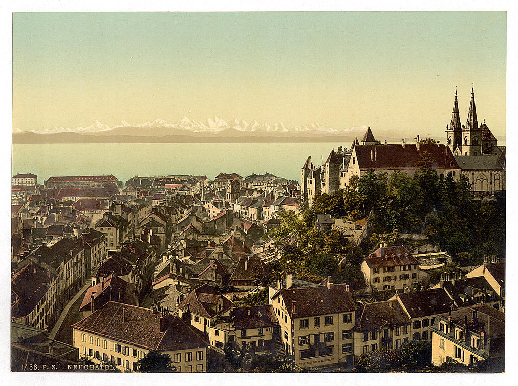 The town, general view showing the alps, Neuchatel, and the castle, Switzerland, between ca. 1890 and ca. 1900.