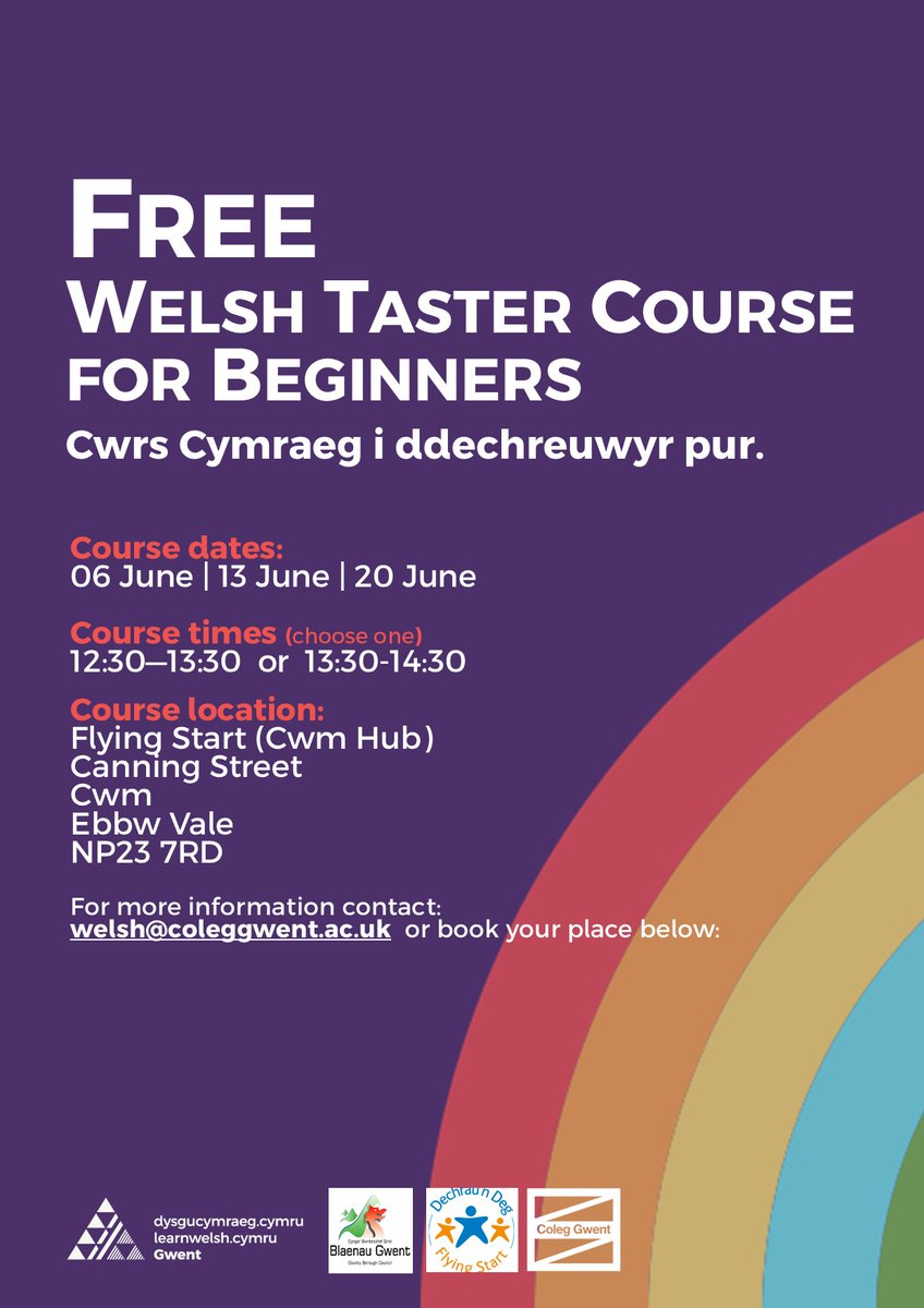 Live in #blaenaugwent Thinking of joining a #welsh class? Come along to this FREE #taster course @flyingstart 12.30-1:30 ➡️bit.ly/4cCdyev 1.30-2.30 ➡️bit.ly/3TXexPq @flyingstartnpt @BlaenauGwent @BlaenauGwentCBC @ebbwfachcf1 @bro_helyg @GlyncoedP @bgfis