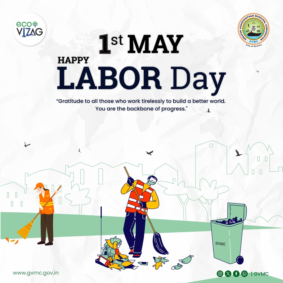 Happy Labor Day! Today, we honor the efforts of all workers in our city. Their dedication and contributions are invaluable to our community. Let's take this opportunity to show appreciation. @SwachhBharatGov @SwachhaAndhra @SwachSurvekshan @swachhbharat @pibvijayawada…