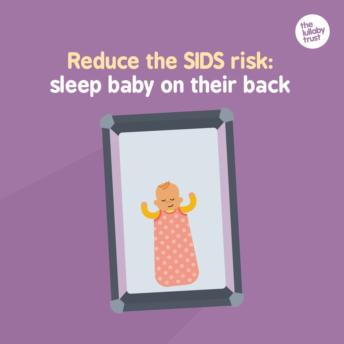 LullabyTrust's tweet photo. Sleeping your baby on their back* can reduce the risk of sudden infant death syndrome (SIDS) by 6 times compared to sleeping them on their front! (Although once baby can confidently roll from back to front and back again, you can let them choose their preferred sleeping position) https://t.co/dTultrfLhP