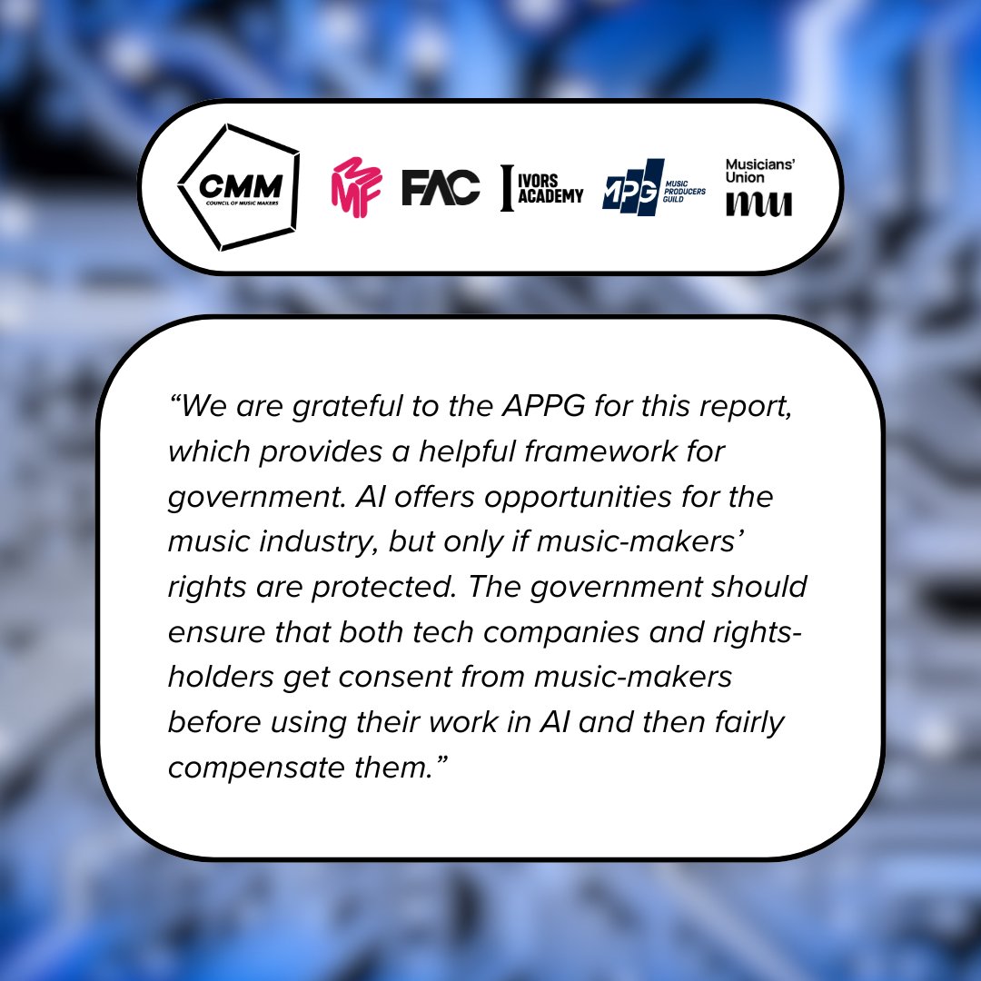 🗞The All-Party Parliamentary Group (APPG) on Music has published a report on the impact of AI on the music industry, and calls for fresh legislation. We welcome the inquiry into AI, an important topic for music makers and creators. 🔗Read the report: bit.ly/4a0YlBn