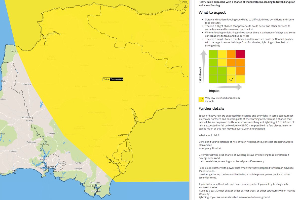 #Devon The Met Office has issued a Yellow Thunderstorm warning for today Wednesday 1st May at 8:00pm to tomorrow Thursday 2nd May 8:00am. Please take extra care when travelling and drive to the conditions. SH @StagecoachSW @BBCDevon