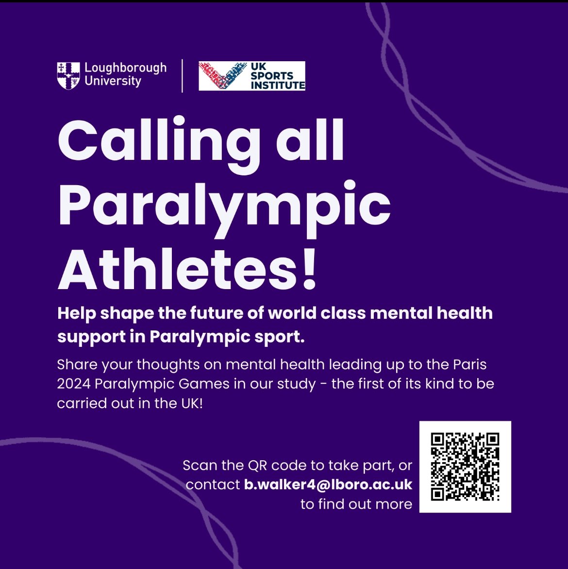 Call for participants! Together with the @UKSportsInst and @ParalympicsGB, we’re looking for Paralympic athletes in the UK to take part in our study to better understand mental health in Paralympic sport.   Email b.walker4@lboro.ac.uk or scan the QR code to take part