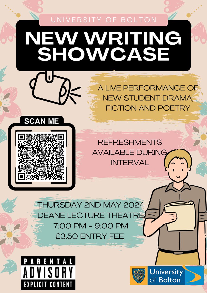 Tickets are selling fast for The New Writing Showcase 2024, which returns live and in person TOMORROW, 7pm at @BoltonUni! Have you got yours yet? 🎟 

Don’t miss out — only £3.50 inc. light refreshments, available to buy now via EventBrite 🤩 

eventbrite.com/e/the-new-writ…