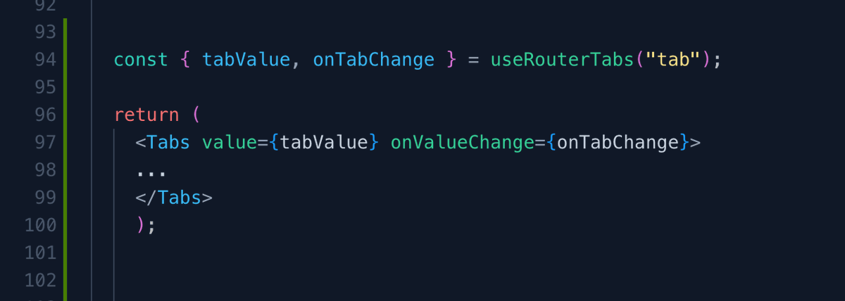 here's a really simple hook to sync shadcn tab state with URL

good so users can deep link to specific tabs or use browser back/forth functions to navigate them

haven't tested extensively, could have some edge cases