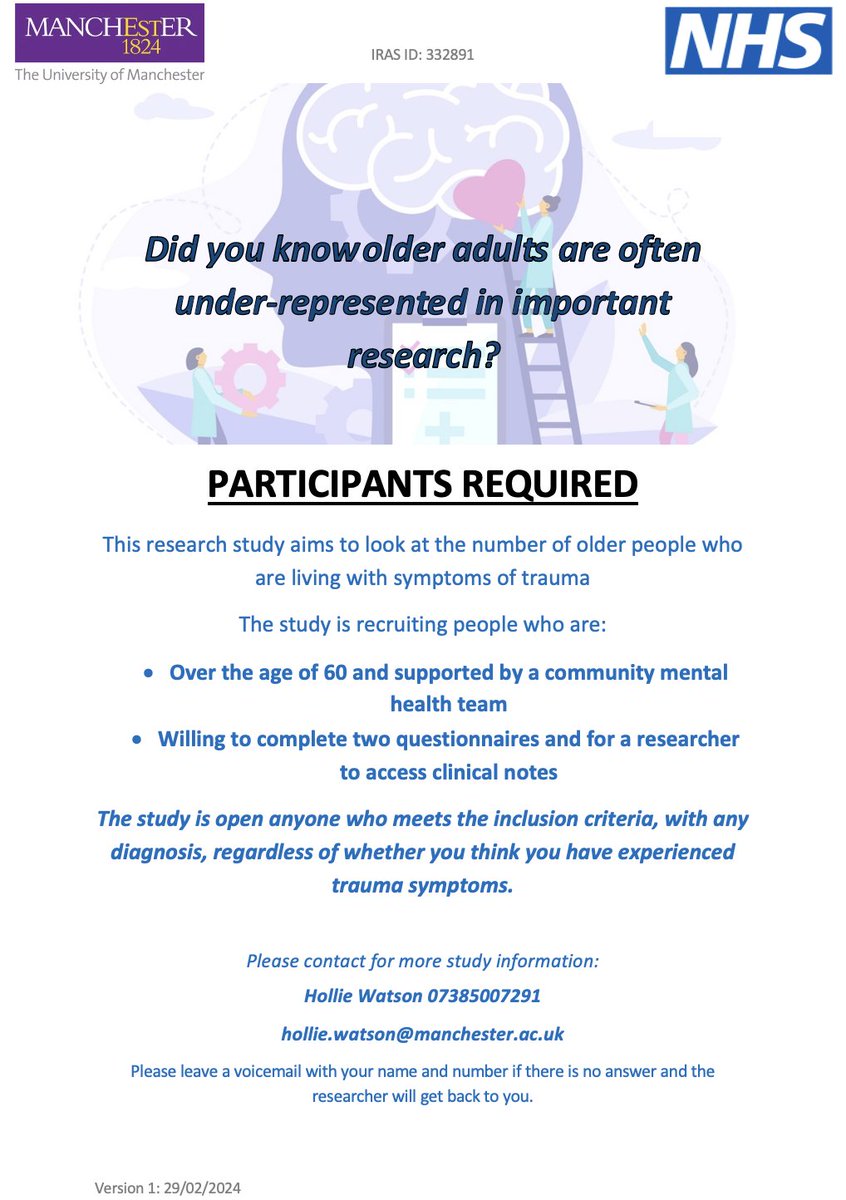 Participants Required! We are looking for individuals who are: - Aged 60 years or over - Supported by a community mental health team Check out the poster below and get in touch via email if you know someone who might be interested!