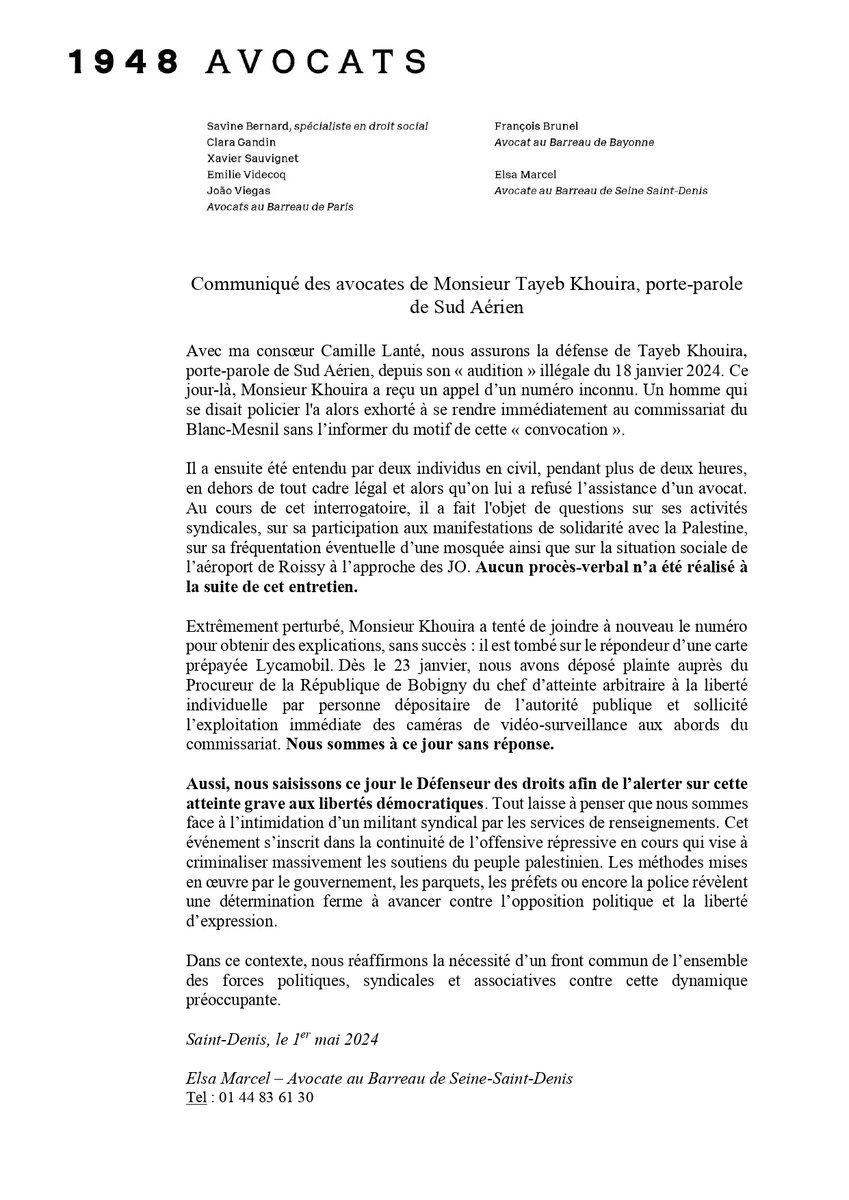 Elsa_Marcel's tweet photo. Avec ma consœur Camille Lanté @SerExtranoCam, nous assurons la défense de Tayeb Khouira, porte-parole de Sud Aérien, convoqué et intimidé en dehors de tout cadre légal au commissariat. Après avoir déposé plainte, nous saisissons le Défenseur des droits. Communiqué ⬇️ https://t.co/Vk4CIMTtBS