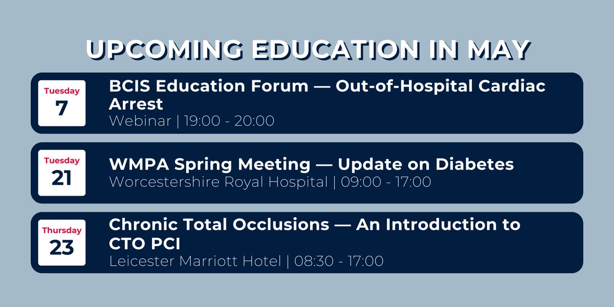 Hello May!👋 Where is the year going? Here's what we've got coming up in the month of Star Wars and bank holidays🔫 👉@BCIS_uk Education Forum — Out-of-Hospital Cardiac Arrest 👉@WMPA_UK Spring Meeting 👉Chronic Total Occlusions: An Introduction to CTO PCI Browse our upcoming