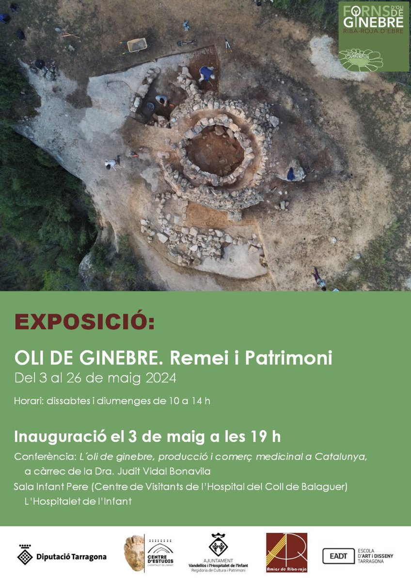 🟡 Aquest divendres 3 de maig, a les 19 h, tindrà lloc la inauguració de l'exposició 'Oli de ginebre. Remei i patrimoni' a la Sala Infant Pere del Centre de visitants de l'Hospital Coll de Balaguer, a l'Hospitalet de l'Infant. ➕ Més informació: i.mtr.cool/qdiemcsvlx