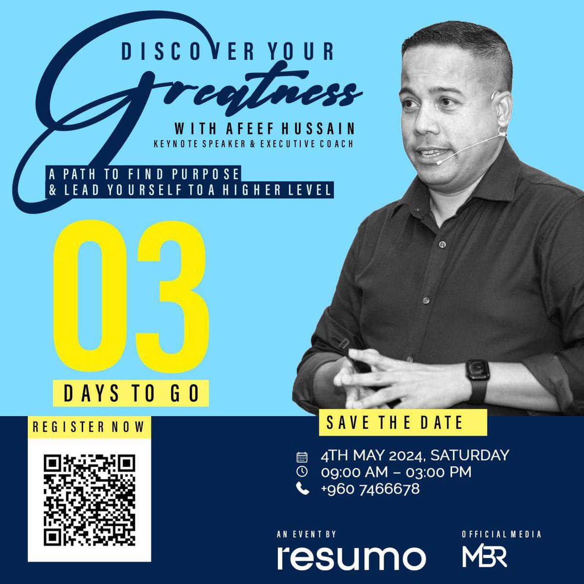 3 Days to Go and Limited Slots Available! Whether you're in Male’ or far away, don't worry—we offer an online option too. Register now to learn how to 'Discover Your Greatness. Register today! shorturl.at/cwxMV