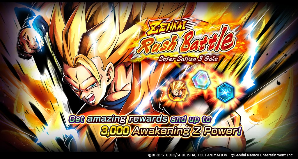['ZENKAI Rush Battle - Super Saiyan 3 Goku -' Begins!] Get awesome rewards for clearing the Boss stage every 5 floors! Clear all 30 floors to get a total of 3,000 Awakening Z Power for Super Saiyan 3 Goku (DBL10-01S), plus Chrono Crystals and Rush Medals! #DBLegends #Dragonball