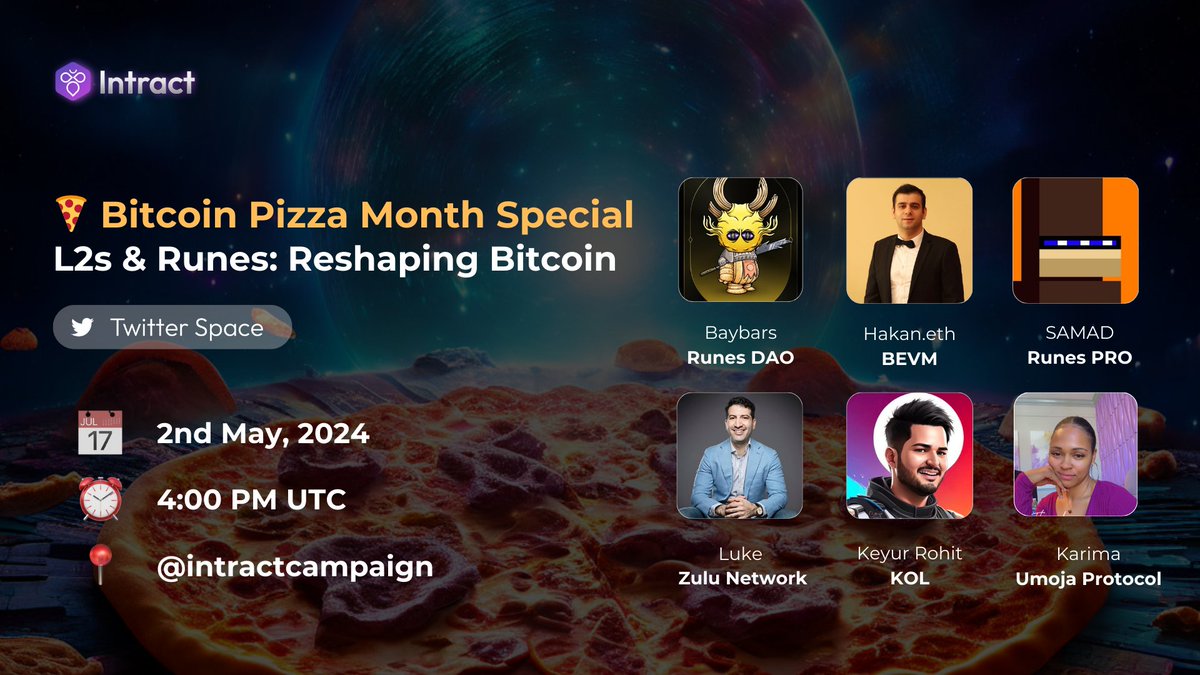 May = Bitcoin Pizza Month on Intract 🍕 Kicking it off with a #TwitterSpace on Bitcoin L2s and Runes! Learn how these innovations are changing the game from @CryptoKingKeyur & leaders at @rune_pro @Runes_DAO @BTClayer2 @umojaprotocol @zulu_network 🔗 link.intract.io/BTC