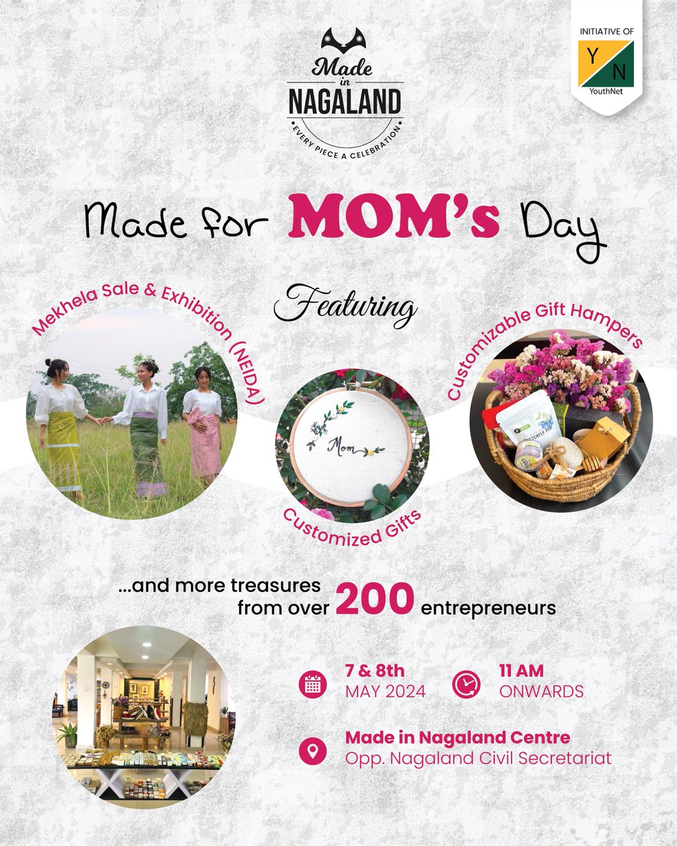 Let's pamper our Mom together at Made in Nagaland Centre's 'Made for Mom's Day' event on 7th & 8th May 2024! Join us in celebrating the queen of our hearts! #mothersdaygift #mothersday #YouthNet #YouthNetNagaland #MadeinNagaland #MadeinNagalandCentre