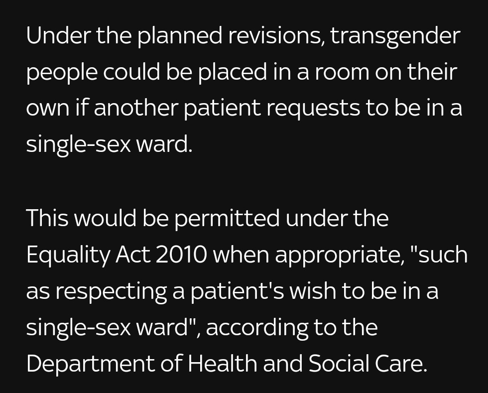 the reporting (here, Sky) on England's NHS Constitution consultation makes a claim - with the backing of DHSC - that it proposes removing trans patients from single-sex wards if someone else objects to their presence. it doesn't actually propose this.