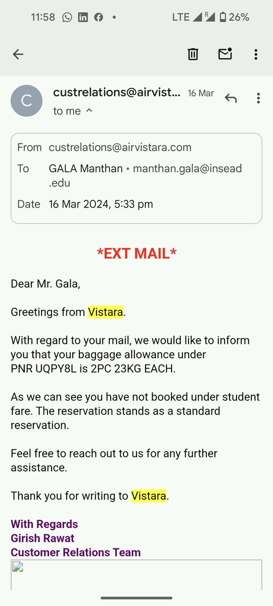 manthan_gala's tweet photo. @airvistara I can only imagine what would have happened if I didn't have this email as proof.

Oh, and their weight counter showed 0.3 kgs without any bags 😂. (Scam) https://t.co/KB1GVmWlIy
