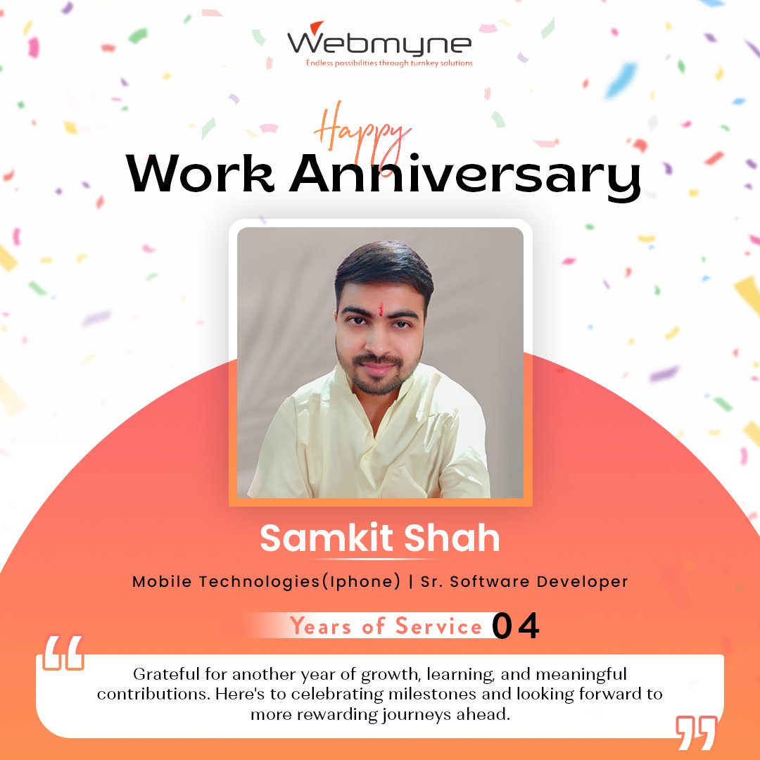 Cheers to four years of dedication, hard work, and loyalty Samkit Shah! Thank you for your invaluable contributions to Webmyne Systems. Here's to many more years of success together! 
#employeeappreciation
