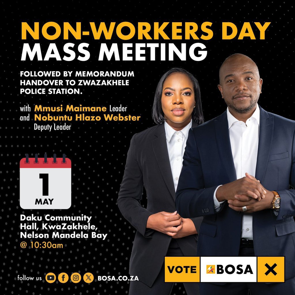 The unemployment rate continues to grow in our country. 1 May is not a Workers Day when so many people are without jobs. Join us at the non-workers day mass meeting tomorrow to hear more about how BOSA will put a job in every home

#NonWorkersDay #VoteBOSA2024
