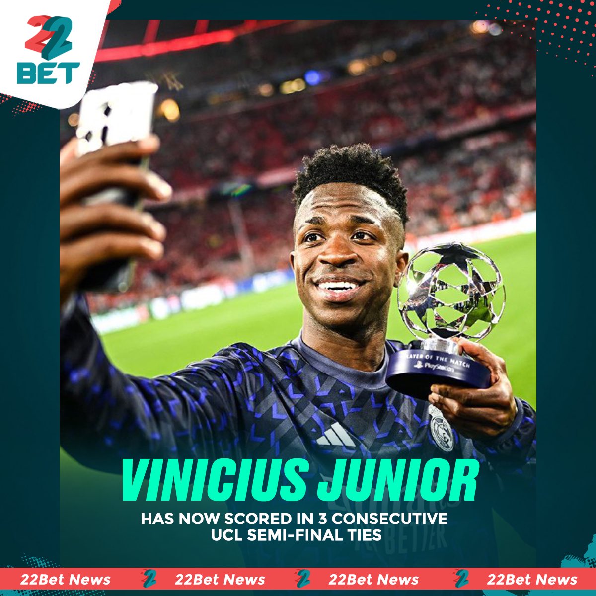 🇧🇷 #Vinicius Junior’s brace ⚽️⚽️ helped #RealMadrid earn a 2-2 draw 🤝 in the first leg of their #ChampionsLeague match against #BayernMunich #22Bet #Bestodds #Switchto22Bet #Dundana22bet