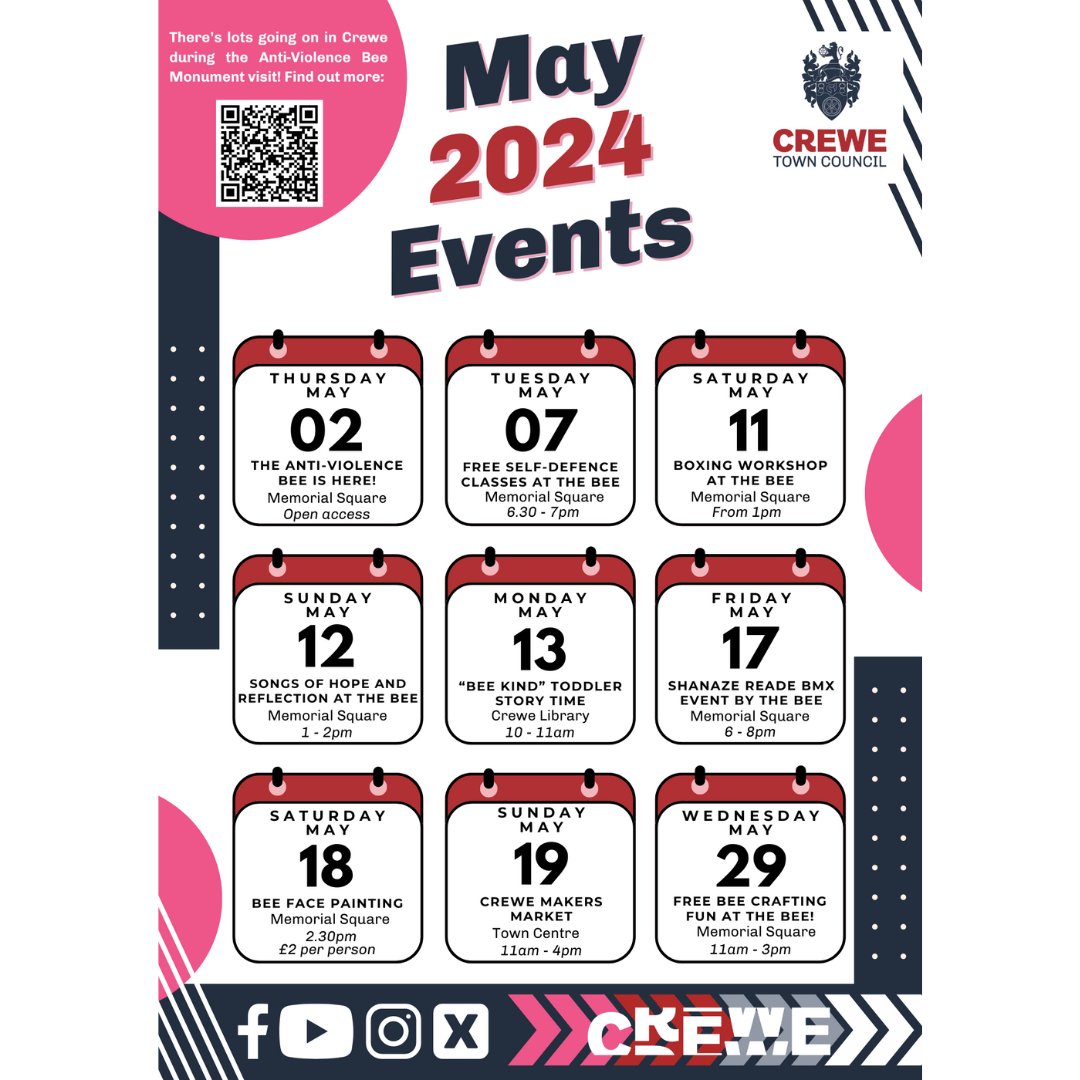 📣 May Events in Crewe! 📣 There's lots going on in Crewe in May. Take a look at some of the key highlights here and click here for more info: ➡️crewetowncouncil.gov.uk/service/events/ #Crewe #AntiViolenceBeeCrewe
