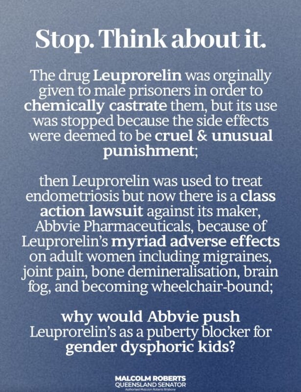 Follow the money. 💰 Lupron, or Leuprorelin as it's sold in Australia, is a drug surrounded by controversy. Now it's being pushed as a puberty blocker for kids. #leaveourkidsalone #VoteOneNation