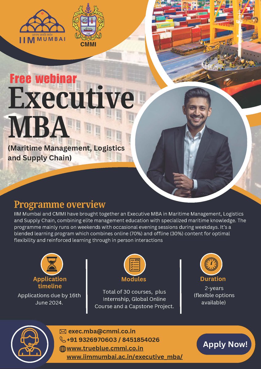 Excited to announce the launch of the Executive MBA in Maritime Management, Logistics & Supply Chain by IIM Mumbai and CMMI! Elevate your career with elite management education and specialized maritime knowledge. Join us from August 2024. Learn more: iimmumbai.ac.in/executive_mba/