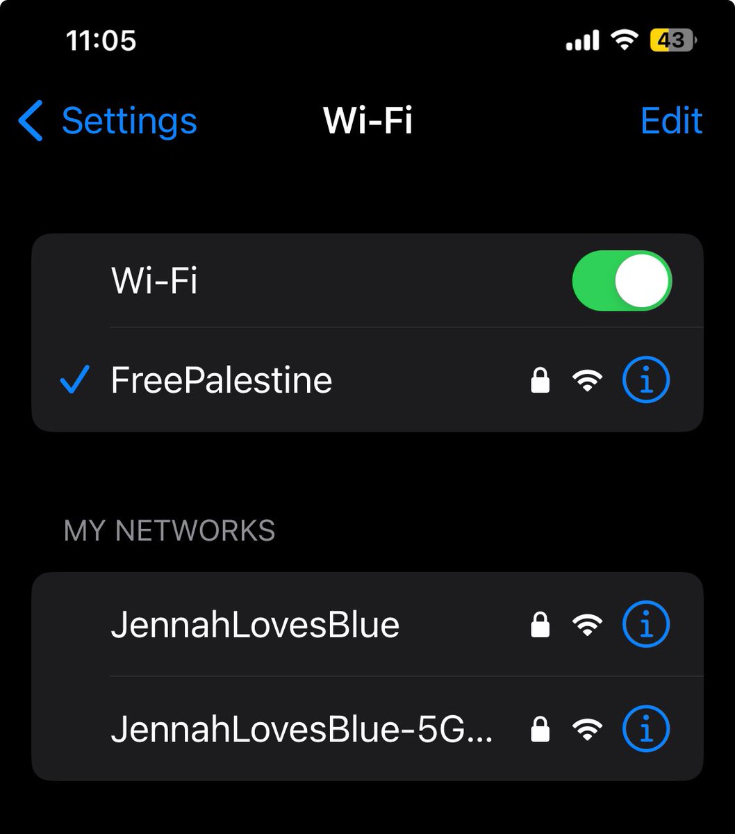 Our new Wi-Fi username! 🍉✊🏻🇵🇸 #FreePalestine #FromtheRivertotheSeaPalestineWillbeFree