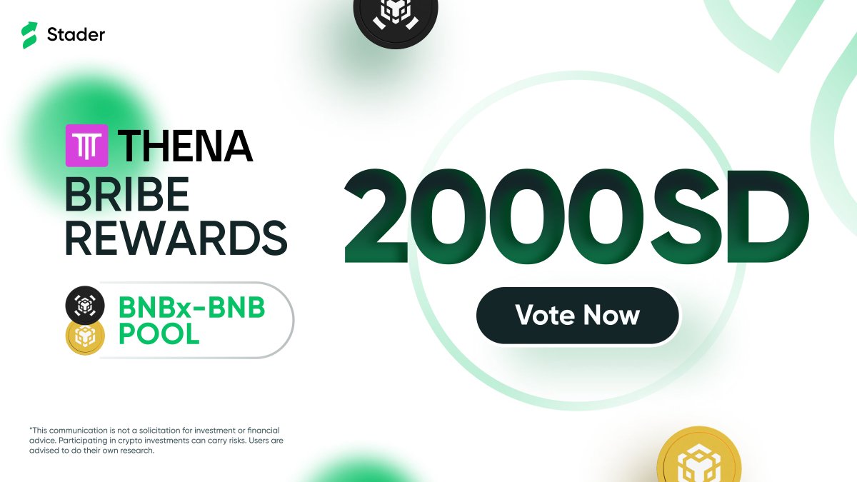 Last chance chance to unlock extra rewards! 🚨 With Stader's 2000 $SD bribe pool on @ThenaFi_ Vote for the BNBx-BNB LP to unlock your share. Make your move before the epoch ends. 💰 thena.fi/dashboard/vote