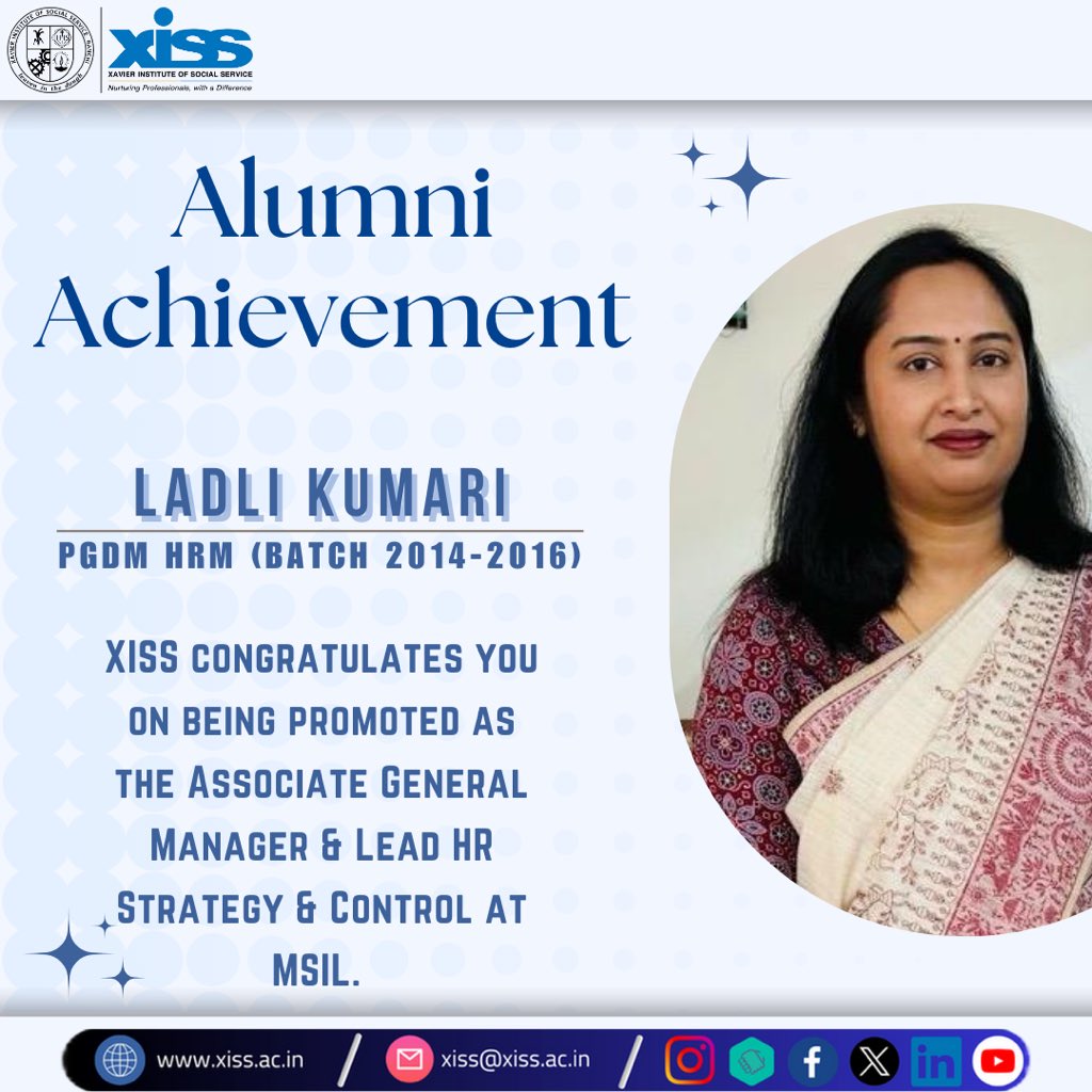 We are delighted to announce that our alumna Ms Ladli Kumari, #PGDMHRM (Batch of 2014-2016), has been promoted as the Associate #GeneralManager & #LeadHRStrategy & Control @Maruti_Corp. We extend our warmest congratulations and best wishes to her.

#alumniachievements
#XISSRanchi