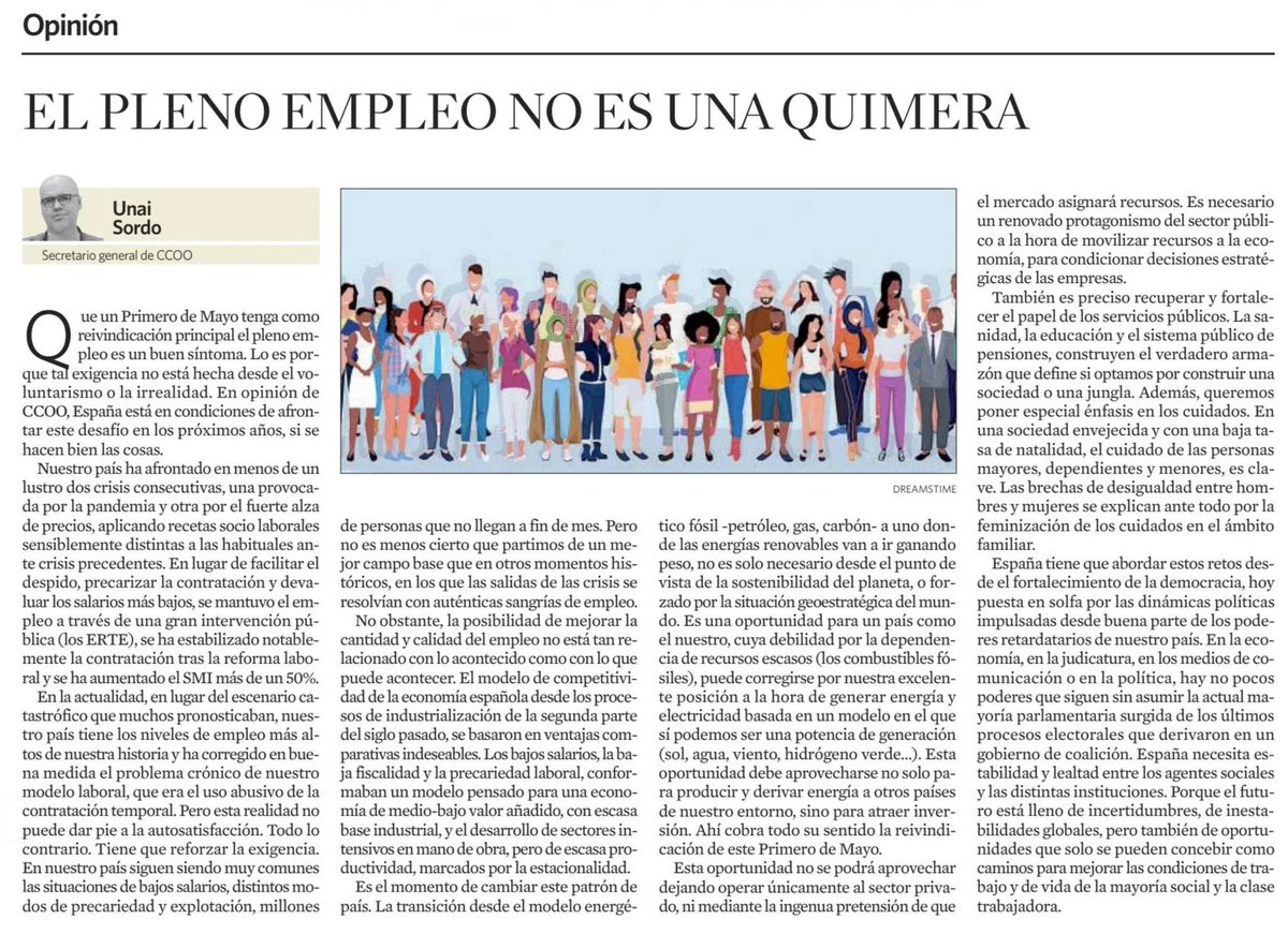 “El pleno empleo no es una quimera” 📰 Tribuna de @UnaiSordo #1deMayo2024 eleconomista.es/opinion/notici…